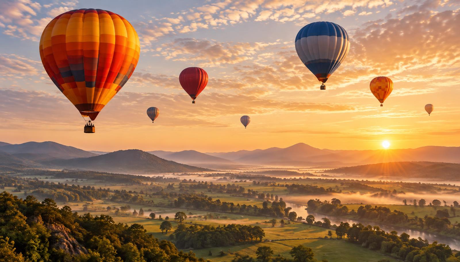 Globos aerostáticos flotando sobre un valle al amanecer
